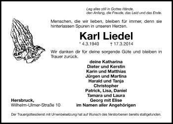 Traueranzeige von Karl Liedel von Hersbrucker Zeitung